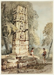 Twee figuren naast middeleeuwse ruïnes, met kerk in de verte door Samuel Prout