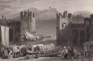Uitzicht op het kasteel van Angera in Arona, Lago Maggiore, Piëmont, Italië, staalgravure naar een tekening van Samuel Prout (1783-1852)