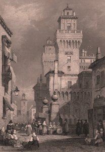 Uitzicht op Castello Estense, Ferrara, Emilia-Romagna, Italië, staalgravure door John Godfrey (ca. 1817-1889) naar tekening van Samuel Prout (1783-1852), ca. 26x17 cm, gepubliceerd door Blackie and Son door Samuel Prout