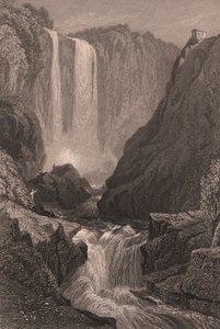 Uitzicht op de watervallen van Marmore nabij Terni, Umbrië, Italië, staalgravure naar tekening van Samuel Prout, circa 15x11.5 cm door Samuel Prout