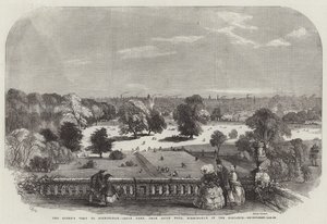 Het bezoek van de koningin aan Birmingham, Aston Park, vanaf Aston Hall, Birmingham in de verte