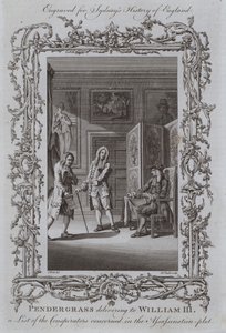 Pendergrass overhandigt aan Willem III een lijst van de samenzweerders betrokken bij het moordcomplot door Samuel Wale