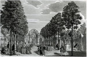 De triomfbogen, standbeeld van Handel in de zuidelijke wandelgang van Vauxhall Gardens, gegraveerd door John S. Muller door Samuel Wale
