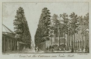 Uitzicht op de ingang van Vauxhall Gardens, Londen door Samuel Wale
