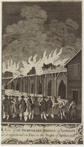 Uitzicht op de tijdelijke brug van Londen zoals deze in brand stond in de nacht van 11 april 1758 door Samuel Wale