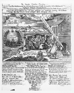 Aan God, ter Nagedachtenis aan zijn Dubbele Bevrijding van de Onoverwinnelijke Vloot (1588) en het Onvergelijkbare Kruitverraad (1605), (gravure) herdrukt door een Transmariner, 1689