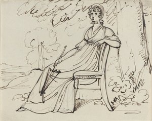Een dame zittend met een parasol