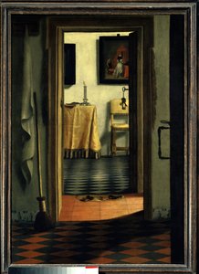 De pantoffels Een interieur van een huis in Holland - Schilderij door Samuel Hoogstraten (1626-1678) 17e eeuw Parijs, Louvre Museum