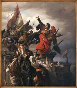 Het offer van Titusz Dugovics (? -1456). Hongaarse nationale held, die zich onderscheidde tijdens het beleg van Belgrado door het Ottomaanse Rijk. Schilderij door Sandor Wagner (1838-1919)