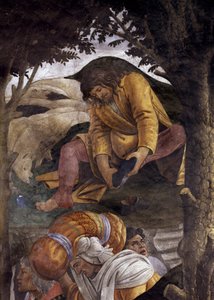 Verhaal van het leven van Mozes. Detail van Mozes die zijn schoenen aantrekt. Schilderij door Alessandro di Mariano dei Filipepi bekend als Sandro Botticelli (1445-1510). Fresco door Sandro Botticelli