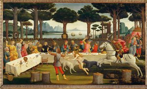 Het verhaal van Nastagio degli Onesti, derde paneel: Nastagio nodigt zijn geliefde en haar familie uit;tijdens de maaltijd ... (schilderij op hout)