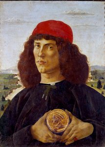 Portret van een onbekende man met de medaille van Cosimo de Medicis (Cosimo de Medici). Schilderij door Alessandro di Mariano dei Filipepi genaamd Sandro Botticelli (1445-1510)