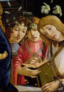Maria met het kind, Johannes de Doper en engelen (detail). Rond 1490 door Sandro Botticelli