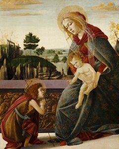 De Madonna en Kind met de jonge Sint Johannes de Doper in een landschap door Sandro Botticelli