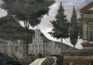 De Reiniging van de Melaatse en de Verzoeking van Christus, in de Sixtijnse Kapel: detail van een denkbeeldige stad in een landschap, 1481 (detail)