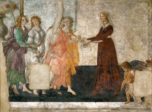 Venus en de drie Gratiën die geschenken aanbieden aan een jong meisje, 1484-1486 door Sandro Botticelli