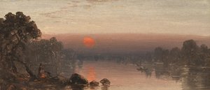 Indianen bij kampvuur - opkomende maan door Sanford Robinson Gifford