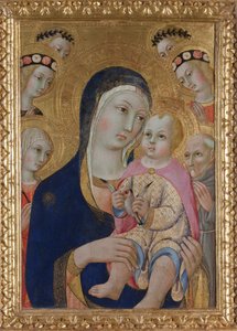 Madonna met kind, heiligen Apollonia en Bernardino en vier engelen, ca. 1460 door Sano di Pietro
