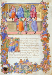 Tribunale della Mercanzia (Tribunaal van Koopwaar), miniatuur uit Statuten van de Kooplieden nr. 6 door Sano di Pietro