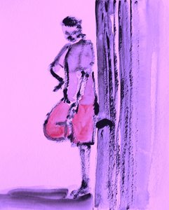 Voorovergebogen paarse figuur
