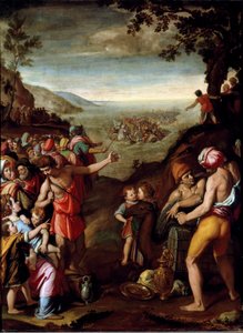 De doortocht door de Rode Zee. Het Hebreeuwse volk, op de vlucht uit Egypte, steekt de Rode Zee over, geleid door Mozes. Schilderij door Santi di Tito (1536-1603) Florence, Kabinet van Francois I, Palazzo Vecchio