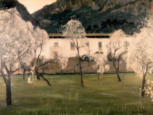 Landschap met bloemen in bomen. Schilderij door Santiago Rusinol y Prats (1861-1931).