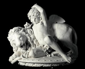 Liefde die de kracht beheerst Marmeren beeldhouwwerk door Santo Varni (1807-1885) 1865. Dim. 85x90x62 cm Uit de collectie van Prins Odon di Savoia. Genua, Galleria d