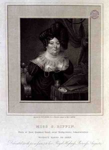 Miss S. Biffin, Geboren in East Quantox-head, nabij Bridgewater, Somersetshire, Zonder Handen of Armen, gegraveerd door R.W. Sievier
