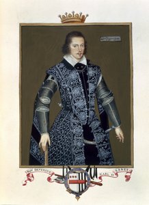Portret van Robert Devereux, 2e Graaf van Essex, uit Herinneringen aan het hof van koningin Elizabeth, naar het olieverfschilderij van Sir William Segar, gepubliceerd in 1825 door Sarah Countess of Essex