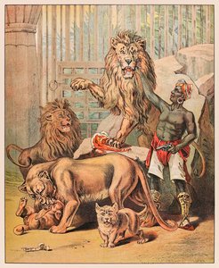 Optredende leeuwen met hun verzorger in het Barnum & Bailey Circus uit P.T. Barnum
