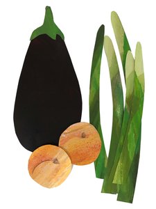 Asperges, abrikozen, aubergine