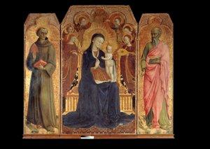 De maagd en het kind omringd door zes engelen. Rondom: Sint Antonius van Padua en Sint Johannes de Evangelist