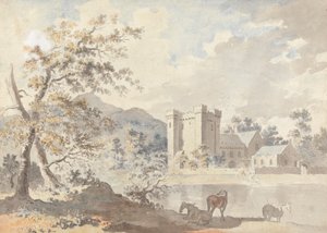 Kasteel Onder Bergen met Paarden bij een Rivier door Sawrey Gilpin