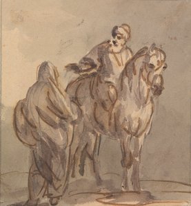 Twee Mensen: Eén Staand, Eén Zittend op een Paard