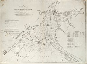 Een exacte kaart van Charles Town bar en haven, van een daadwerkelijke survey met de aanval op Fort Sullivan, op 28 juni 1776, door het eskader van Zijne Majesteit onder bevel van Sir Peter Parker