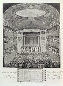 Interieur van het nieuwe Theatre Royal, Haymarket, zoals het verscheen op de avond van de opening, 4 juli 1821, gegraveerd door James Stow, 1823