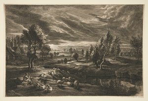 Herder en schapen bij zonsondergang door Schelte Adams Bolswert