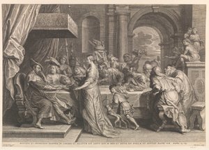 Salomé toont het hoofd van Johannes de Doper aan Herodes door Schelte Adamsz. Bolswert