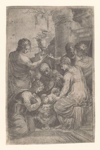Christus in de kribbe met heiligen door Schiavone