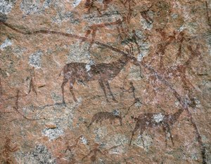 AFRIKAANSE KUNST: Rotsschildering in Ngomo Carera in de Domboshawa Range, 20 mijl noord-oost... (fresco) door School African