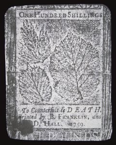 Een 100 shilling biljet ontworpen en gedrukt door Benjamin Franklin in 1759