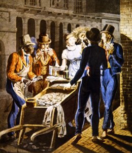 Een oesterman verkoopt zijn waren buiten het Chestnut Street Theatre in Philadelphia, ca. 1796