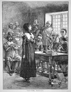 Anne Hutchinson voor de rechter voor het beledigen van de puriteinse geestelijkheid in Massachusetts
