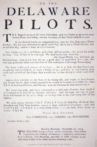 Facsimile van de proclamatie van de patriotten van Philadelphia aan de Delaware Pilots waarin ze worden gewaarschuwd niet met het Britse theeschip om te gaan, 7 december 1773