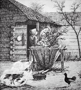 Boerenscène - een vrouw bij een wasvat, naar een illustratie van J. S. Hodgson door School American