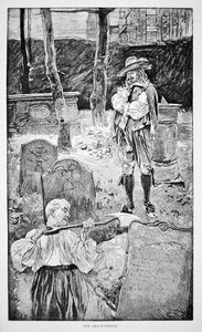 Leven in New England in de 17e eeuw - De grafdelver (litho) door School American