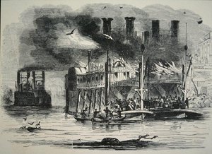 Mississippi stoomschepen in brand in St. Louis (gravure)