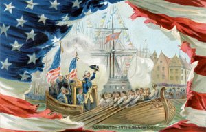 Ansichtkaart met George Washington die New York binnenkomt (prent) door School American