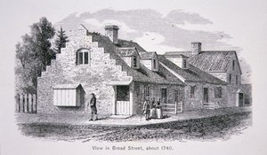 Uitzicht op Broad Street, New York City ca. 1740