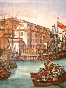Zicht op de haven van New York in het midden van de 18e eeuw door School American